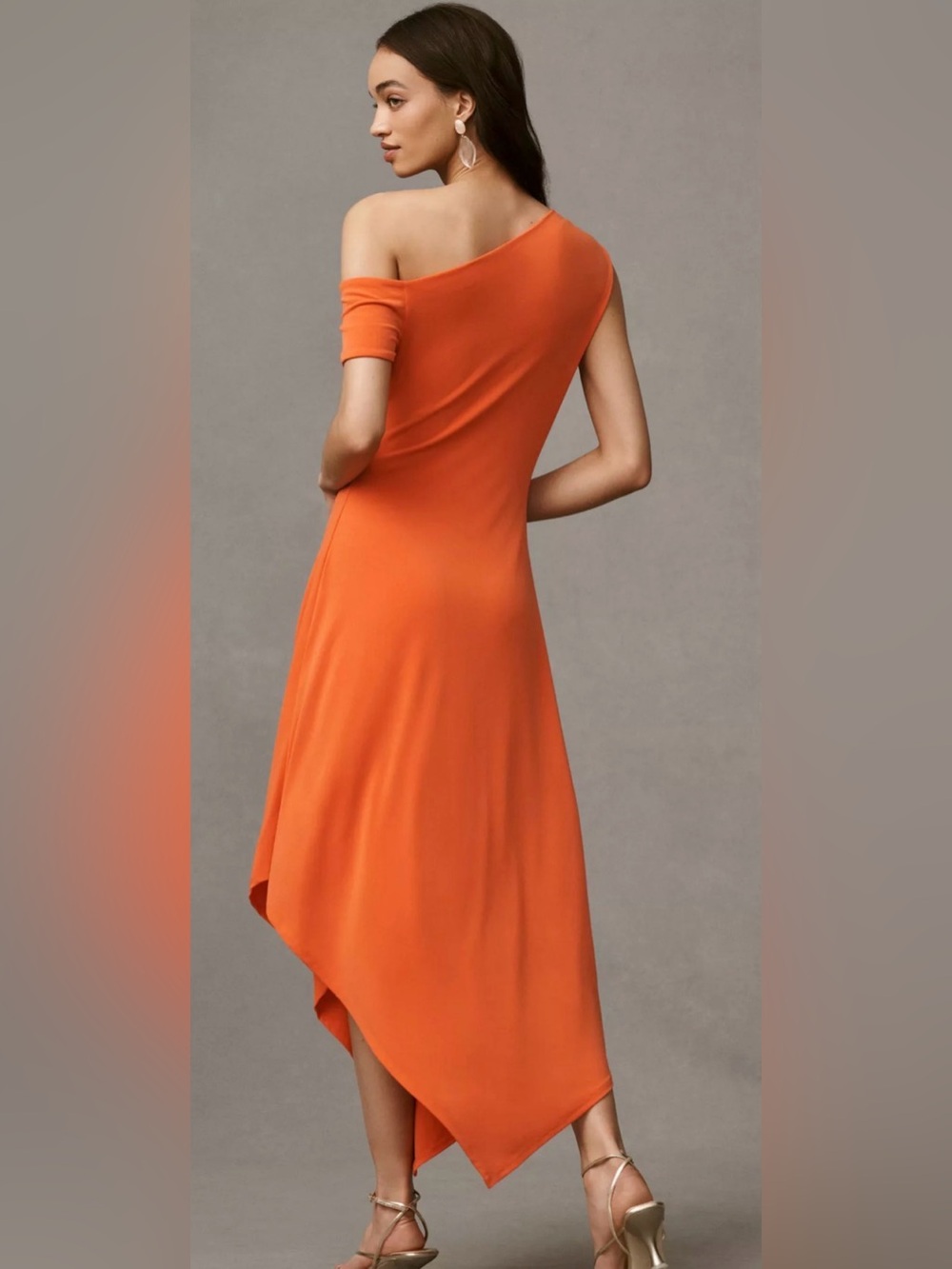 BHLDN One-Shoulder Asymmetric Orange Midi Dress Size Medium - Picture 3 of 16